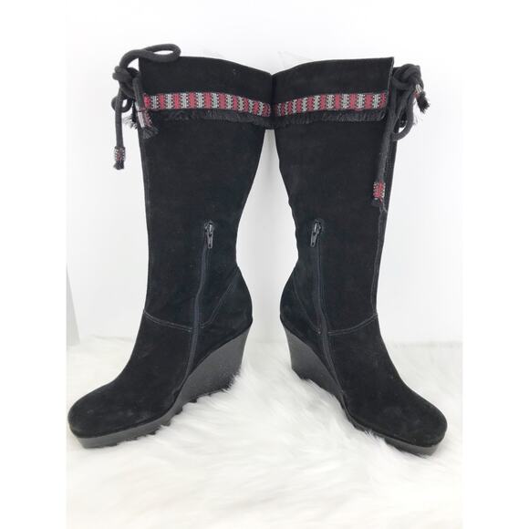 DVF Diane Von Furstenberg Black Suede Leather Knee High Wedge Boots - Picture 7 of 11